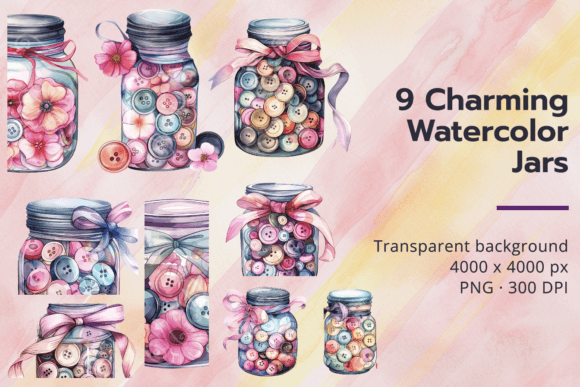 Download Watercolor Jars with Buttons and Flowers - Flowers Collection