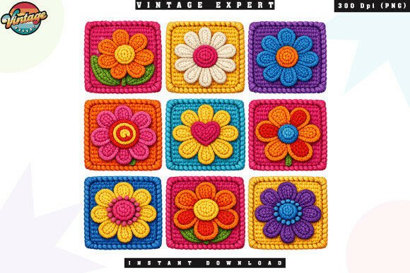 Download Retro Flowers Pattern Crochet Yarn PNG - Flowers Collection