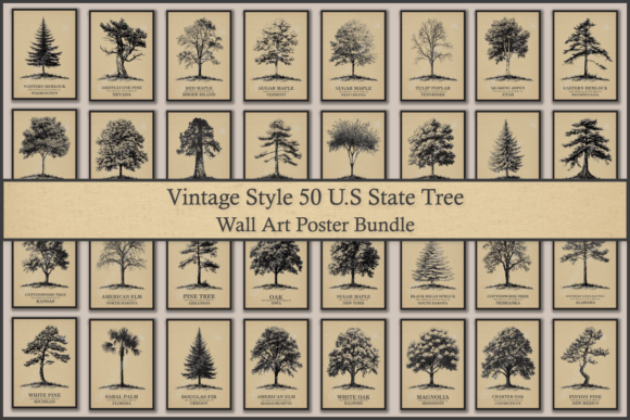 Download Vintage Style 50 US State Tree Posters - Vintage style Collection